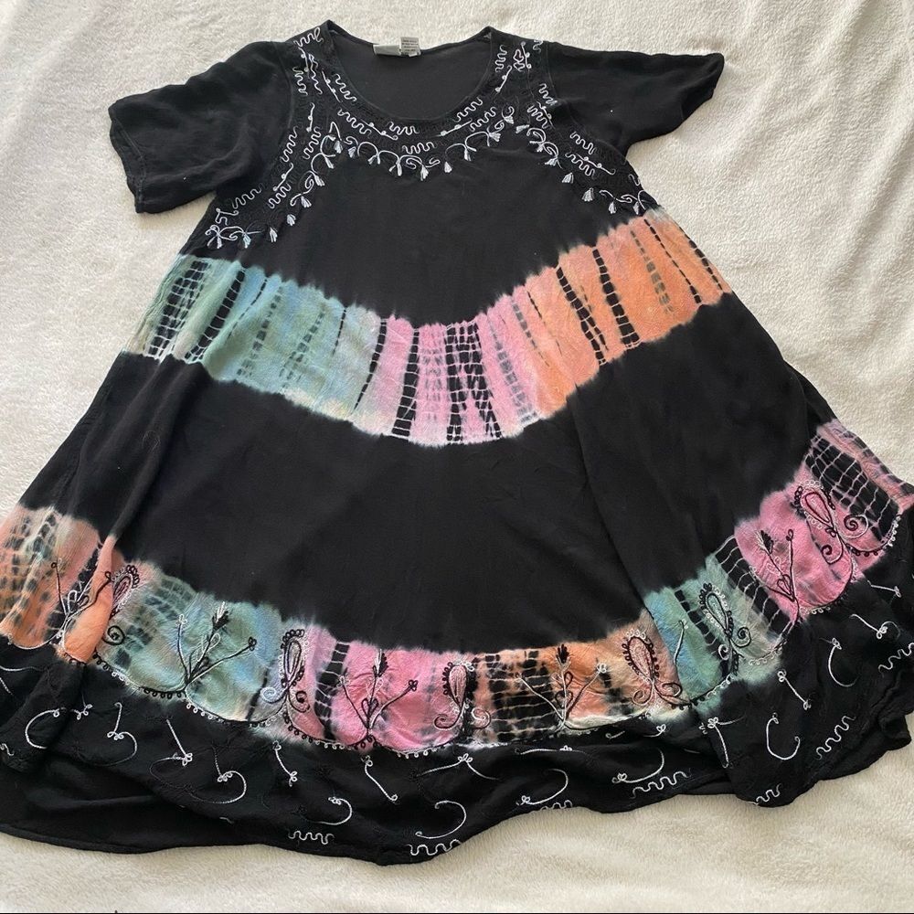 Indian Tropical Fashion Tie Dye embroidered black Trapeze Summer dress Free size
